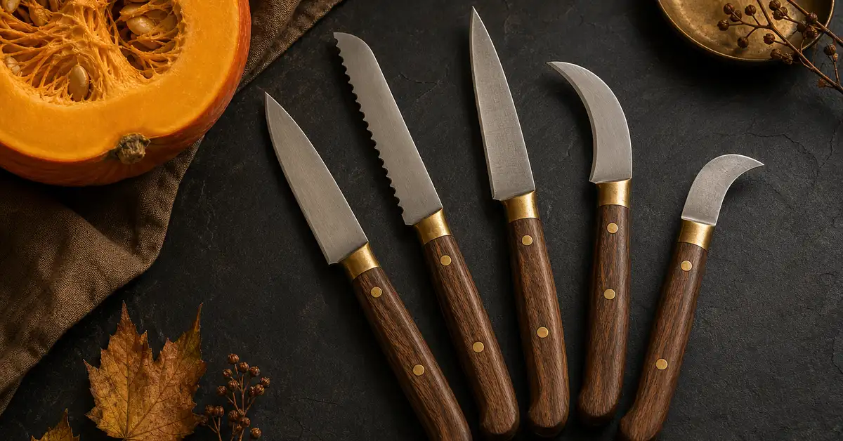Several small paring knives with different blade shapes arranged beside a halved pumpkin on a slate surface