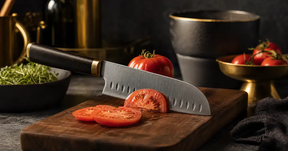 A santoku knife slicing cleanly through tomatoes on a wooden cutting board