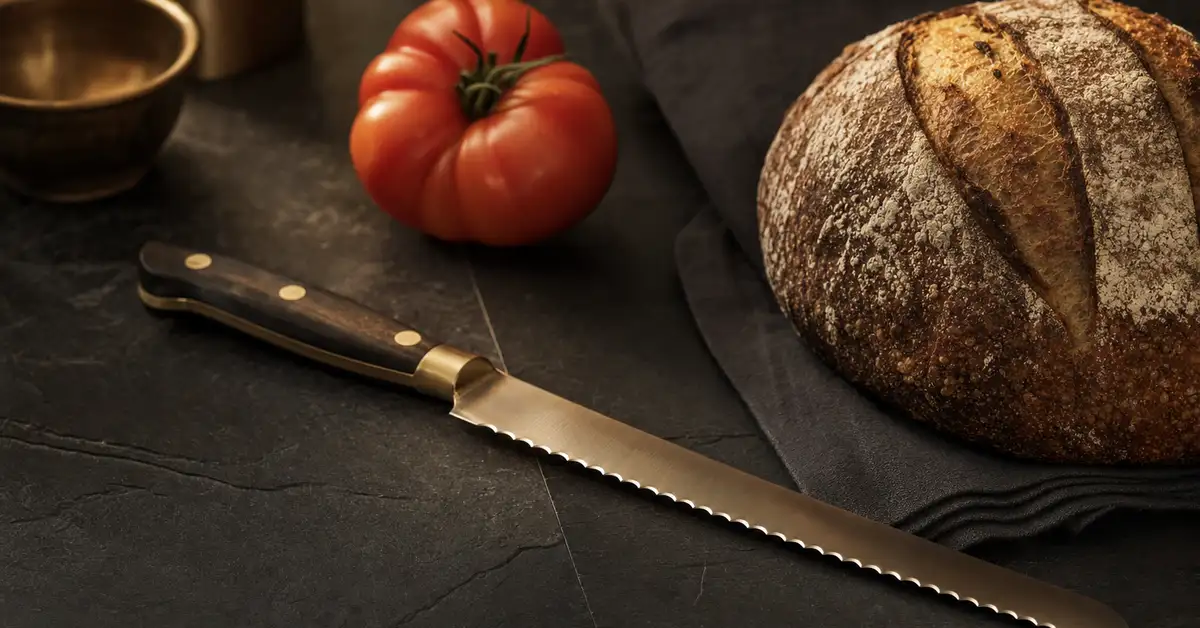 A long serrated bread knife beside a crusty loaf and a tomato on a matte slate counter in warm light