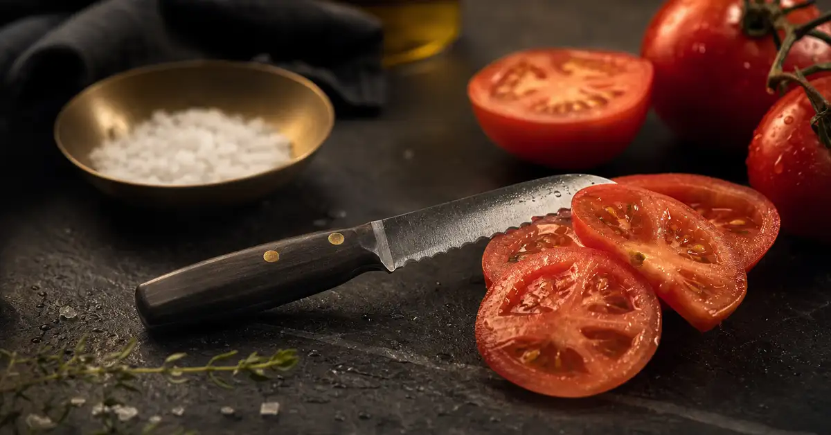 A short serrated utility knife slicing a ripe tomato on a slate countertop