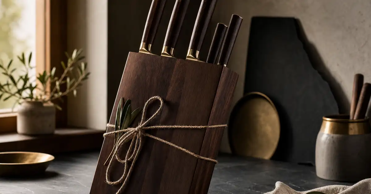 A wooden knife block holding several knives, styled as a gift on a slate surface
