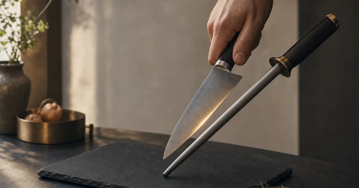 A hand honing a chef's knife on a honing steel over a matte slate board in warm window light