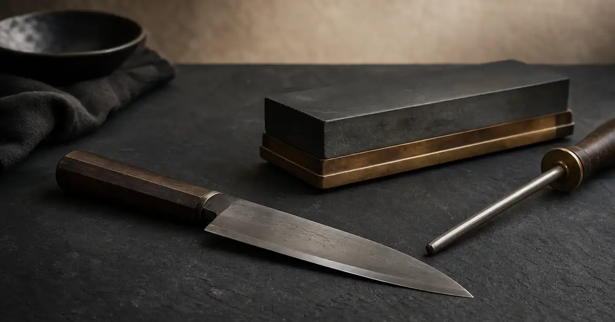 A chef's knife beside a whetstone and honing steel on a matte slate surface