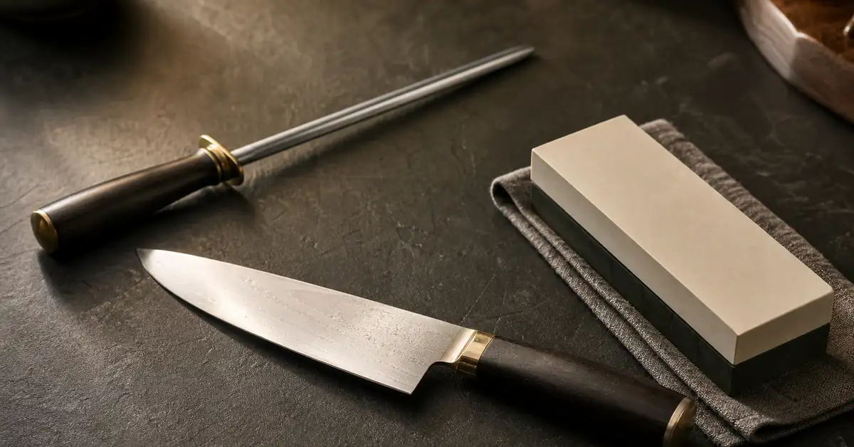 A chef's knife, honing steel and whetstone arranged on a matte slate kitchen counter in warm side light