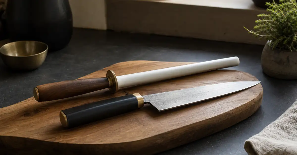 A ceramic honing rod resting across a wooden cutting board beside a chef's knife in warm morning light