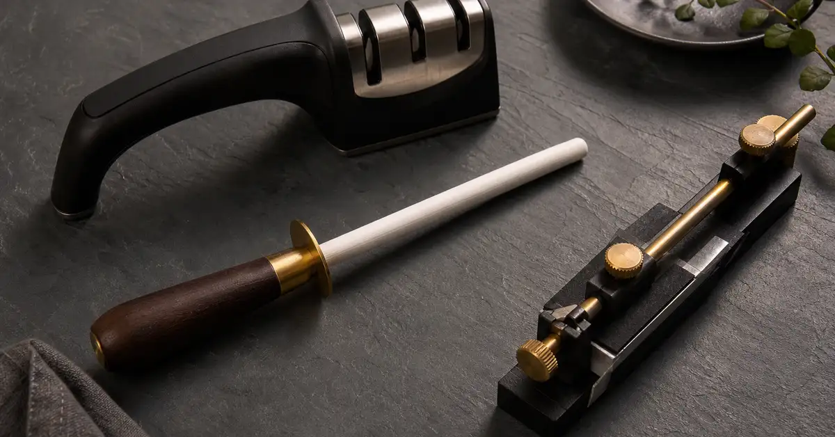 An assortment of knife-sharpening tools including a pull-through sharpener, a honing rod and a guided sharpening system on a slate surface