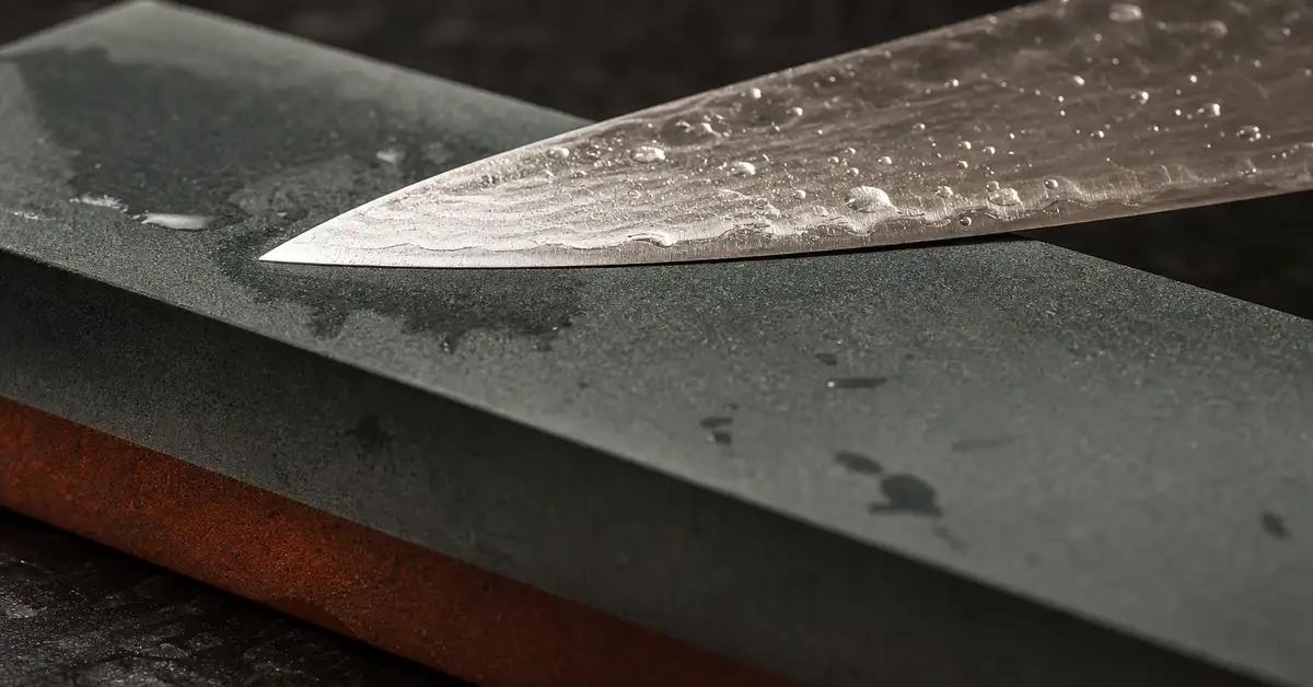 Close-up of a kitchen knife blade angled against a two-tone whetstone with water catching the light