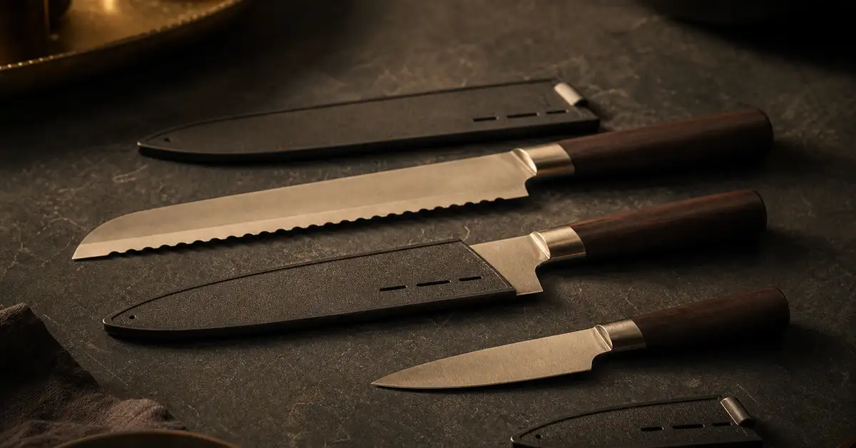 Kitchen knives with individual snap-on blade guards laid out on a slate countertop