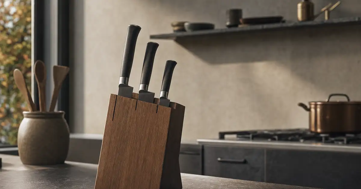 A simple wooden knife block with a few basic knives on a matte slate counter in a small new kitchen