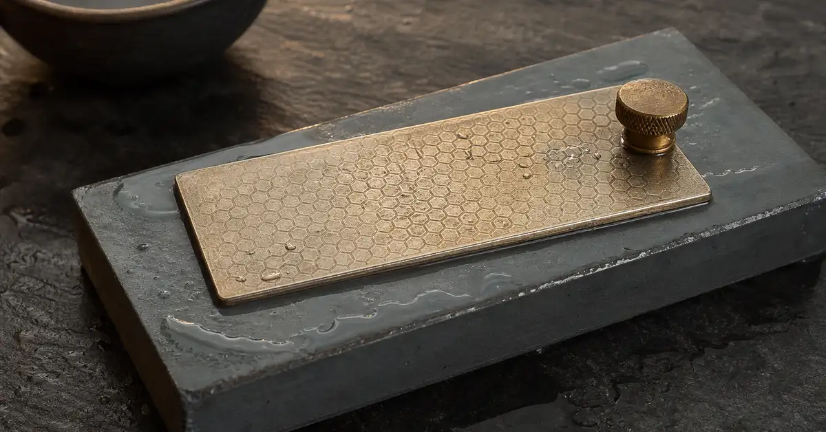 A diamond flattening plate being used on a whetstone to restore a flat surface