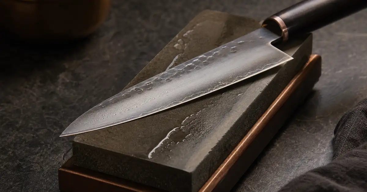 A chef's knife being sharpened on a whetstone with water on a matte slate counter