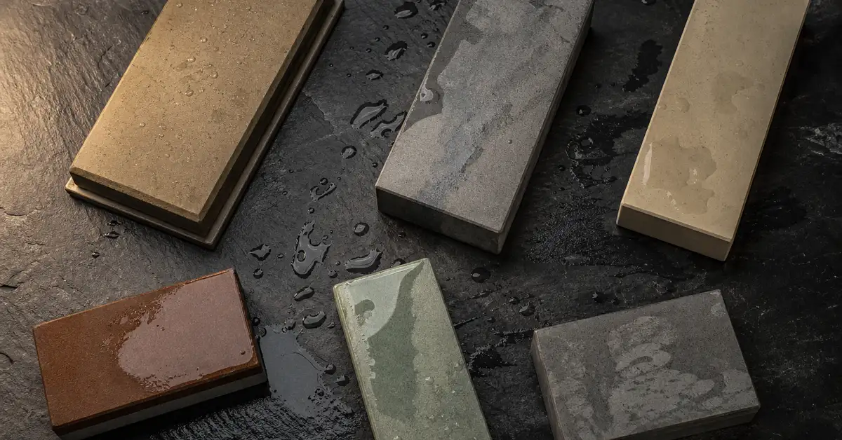Several whetstones of different grits laid out on a slate surface with water droplets