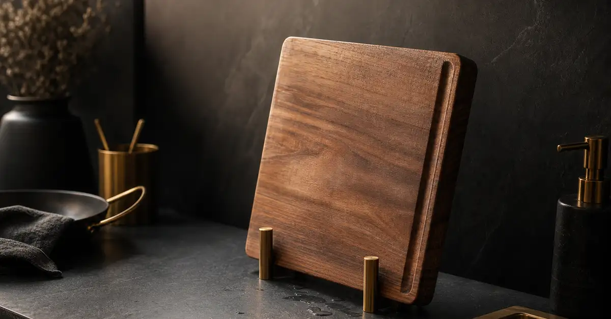 A wooden cutting board standing upright on its edge to air dry on a kitchen counter