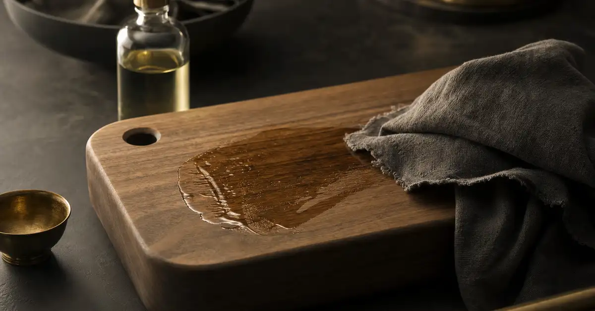 A soft cloth spreading food-grade mineral oil across the grain of a wooden cutting board