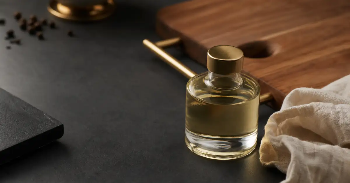 A small bottle of food-grade mineral oil beside a cloth and a wooden cutting board