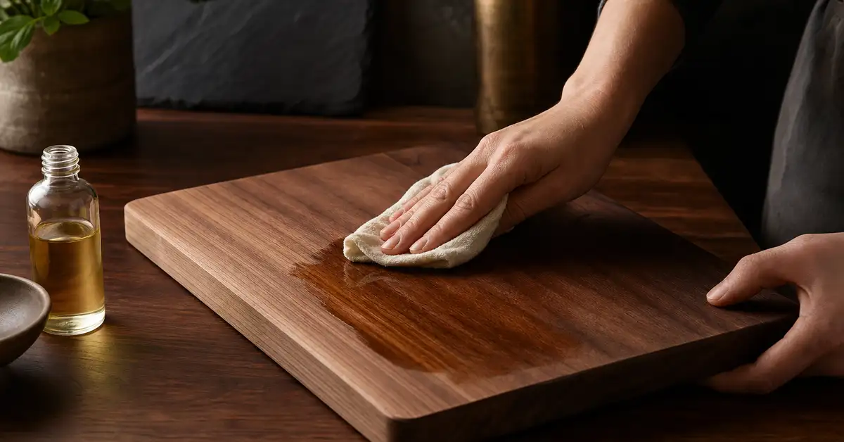A wooden cutting board being oiled with a cloth on a kitchen counter
