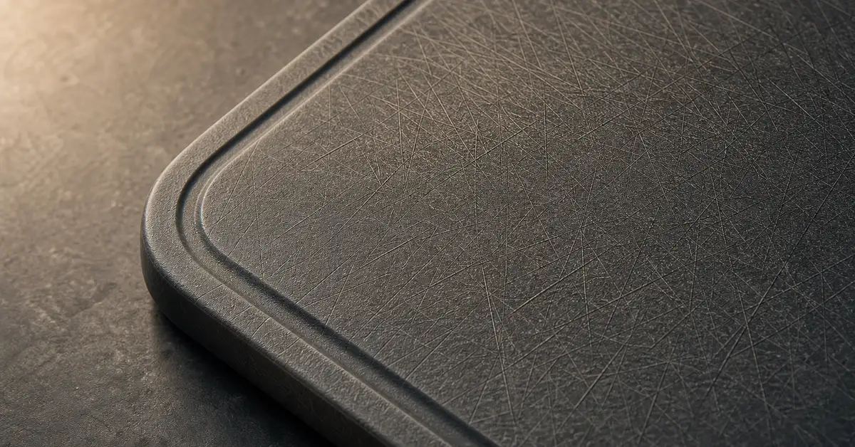 Close-up of knife grooves cut into a plastic cutting board surface