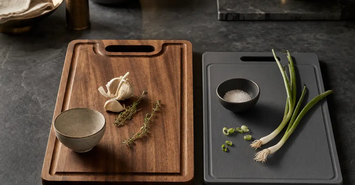 A wooden cutting board and a plastic cutting board placed side by side on a slate kitchen counter