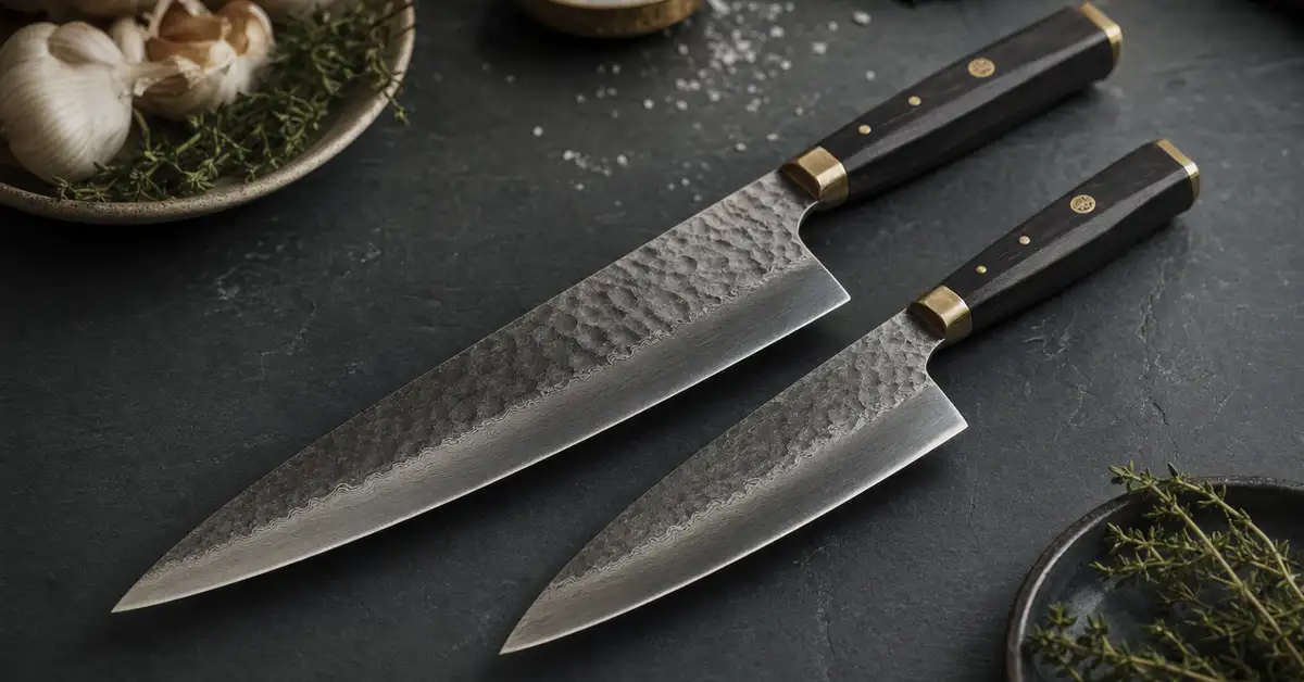 A Wüsthof-style and a Zwilling-style German chef's knife laid side by side on a matte slate counter