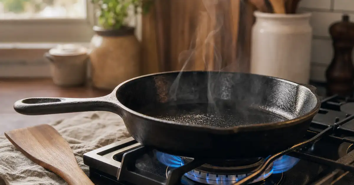 A well-seasoned cast iron skillet on a lit gas stovetop burner in a warm home kitchen