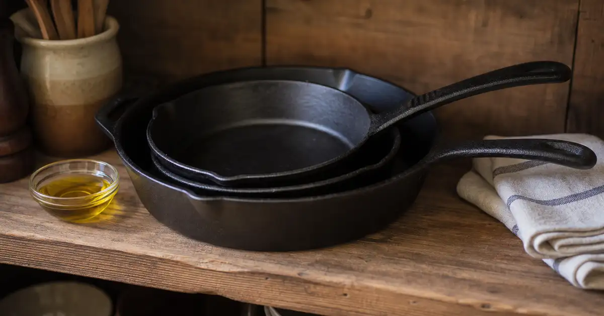 Two cast iron skillets of different sizes stacked on an open wooden kitchen shelf