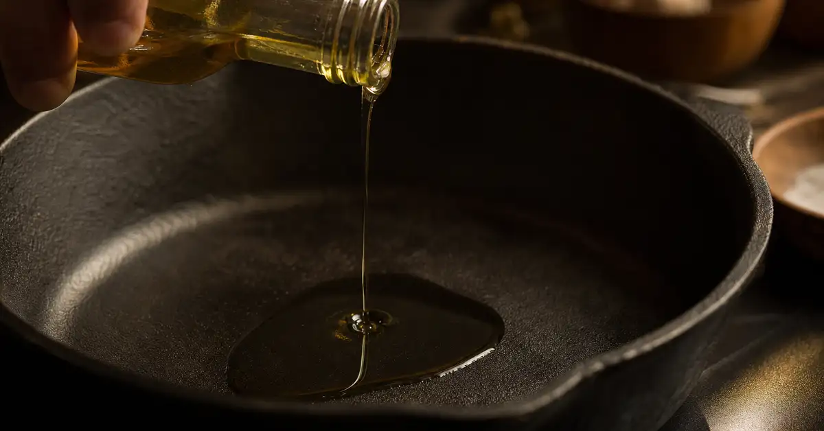 A thin stream of oil being poured onto the smooth surface of a cast iron skillet