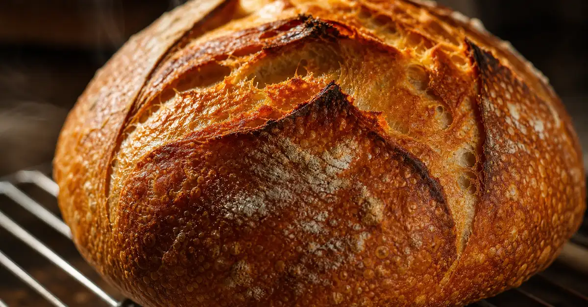 Close-up of a golden brown crusty artisan bread loaf resting on a wire cooling rack