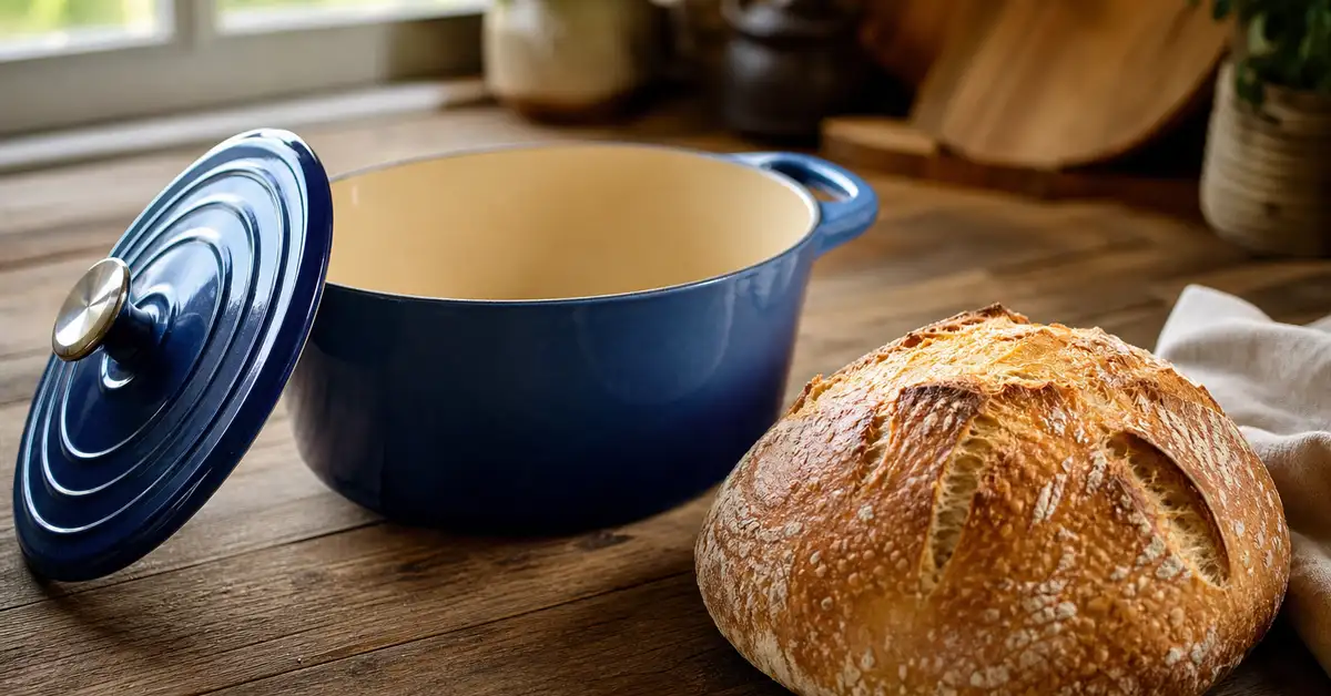 A round enameled cast iron Dutch oven with its lid removed beside a freshly baked crusty round loaf