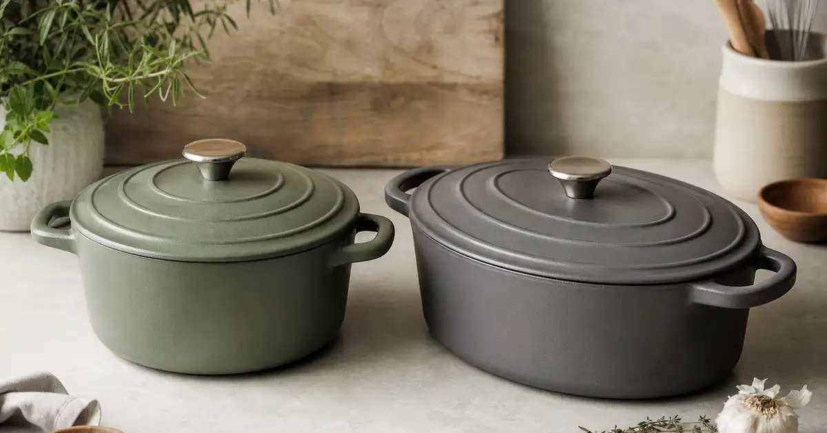 Two enameled cast iron Dutch ovens side by side, one round and one oval, on a kitchen counter