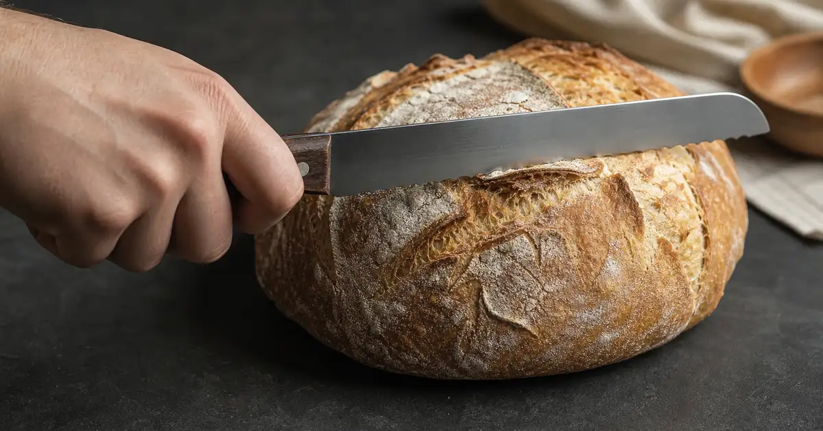 A left hand holding a serrated bread knife beside a crusty sourdough loaf on a dark slate counter