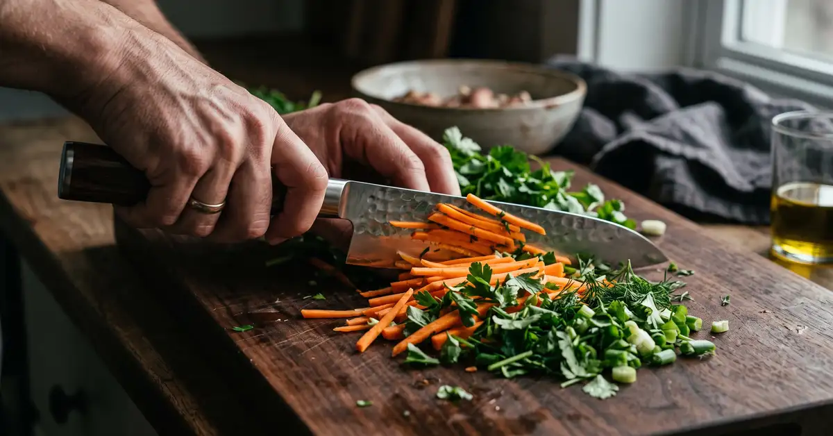 A left hand slicing vegetables with a chef's knife on a dark wood cutting board