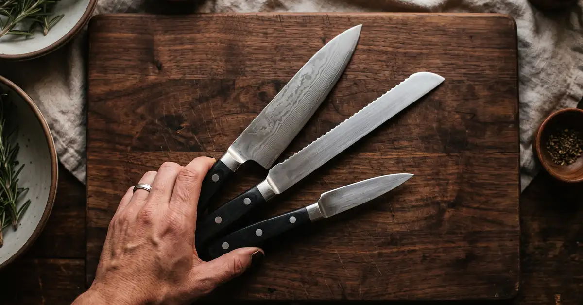 A left hand fanning out a small set of kitchen knives on a dark wood cutting board
