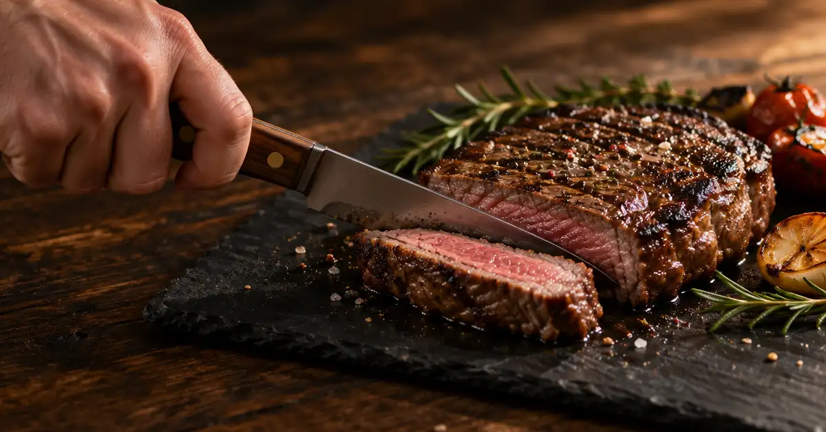 A left hand gripping a wood-handled steak knife mid-slice through a grilled steak on a dark plate